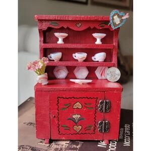 Vintage Dutch Hutch handpainted 1" scale With Slag Glass Teacup Set, Flower Vase